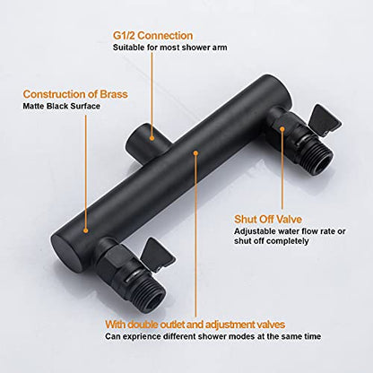 High Pressure Double Shower Head with Shut-Off Valve and Shower Arm Set Solid Brass Casting Dual Outlet Manifold Dual Shower Fixed Head 3 Function Shower Heads Sprayers, Matte Black - color: Matte Black