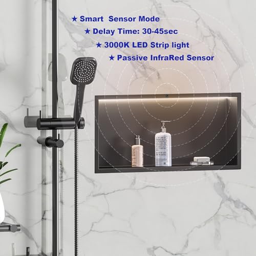 Smart Body Sensor Shower Niche, Black 24"x12" | Recessed Wall Niche with White 3000K LED Light , Waterproof &Rustproof, 304 Stainless Steel Bathroom Cabinet - size: 24X12In