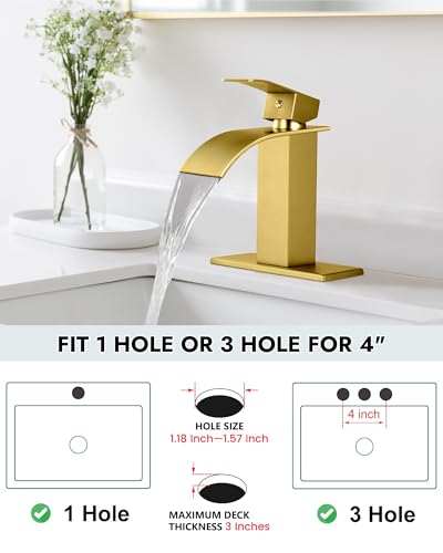 Midanya Waterfall Bathroom Faucet 1 Hole,Gold | with 24” Hoses,Pop Up Drain,6” Deck Plate,for 1 or 3 Hole Vanity,Lavatory,RV,Single Handle Bathroom Sink Faucet,NSF Certified - color: Gold