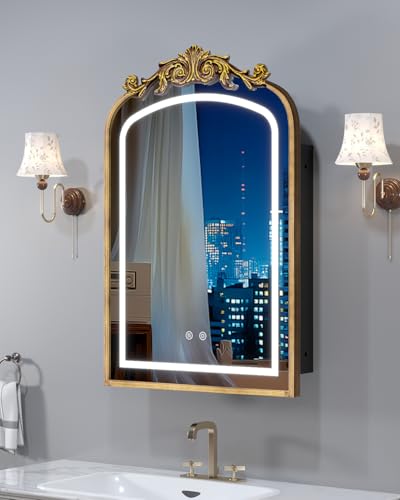 20"x30" LED Bathroom Medicine Cabinet with Mirror and Lights, Bronze Hand-Painted Baroque Bathroom Storage with Mirror, Recessed / Wall Mounted, Dimmable 3 Color Lighting Anti-fog ( with 1 Organizer) - color: 24"x30"(surface Mount)