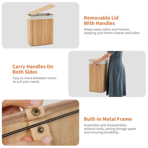 GarveeHome Folding Bamboo Laundry Hamper with Lid, 28 Gal / 106L Wooden Laundry Basket with Washable Liner Bag, Slim Clothes Storage Hamper for Small Bedrooms Apartments Dorms, Natural - color: Carbonized - Rectangle
