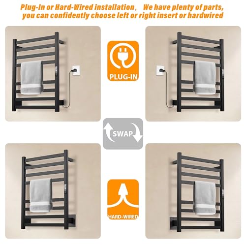 Towel Warmer Matte Black Heated Towel Rack for Bathroom | Electric Towel Dryer Rack with Temperature Control Plug-in/Hardwired heated towel rack with 304 stainless steel - color: Matte Black
