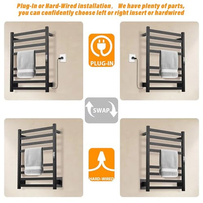 Towel Warmer Matte Black Heated Towel Rack for Bathroom | Electric Towel Dryer Rack with Temperature Control Plug-in/Hardwired heated towel rack with 304 stainless steel - color: Matte Black