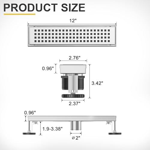 Linear Shower Drain - 12 Inch Brushed Nickel, with Grate Removable | AISI 304 Stainless Steel Shower Drain with Adjustable Feet, Hair Catcher, Rectangle Shower Floor Drain Fits Bathroom, Balcony - color: Brushed Nickel, size: 12 Inch