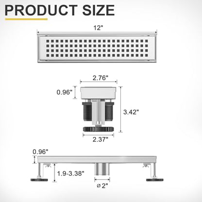 Linear Shower Drain - 12 Inch Brushed Nickel, with Grate Removable | AISI 304 Stainless Steel Shower Drain with Adjustable Feet, Hair Catcher, Rectangle Shower Floor Drain Fits Bathroom, Balcony - color: Brushed Nickel, size: 12 Inch