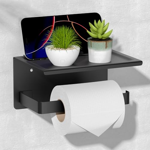 HITSLAM Toilet Paper Holder with Phone Shelf Matte Black, Adhesive or Screw Wall Mount Toilet Paper Roll Holder, Rustproof Stainless Steel Toilet Tissue Holder for Bathroom, Kitchen - color: Black