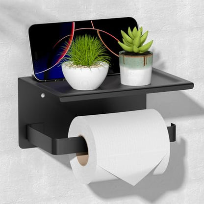HITSLAM Toilet Paper Holder with Phone Shelf Matte Black, Adhesive or Screw Wall Mount Toilet Paper Roll Holder, Rustproof Stainless Steel Toilet Tissue Holder for Bathroom, Kitchen - color: Black
