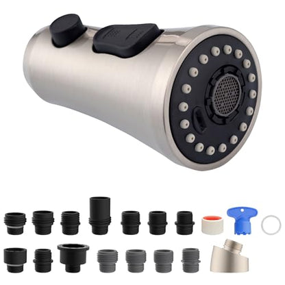 Hibbent Pull Down Kitchen Faucet Head Replacement, 3-Function NSF/ANSI/CAN 61 & CUPC Certified Sink Spray Nozzle, 15 Adapters, Compatible with Moen, Delta, Kohler Faucets, Brushed Nickel - color: Brushed Nickel, style: Stay on sprayer without hold button