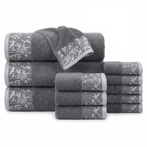 Superior Floral Jaquard Cotton Bathroom Towels, 12pc Towel Set, Grey | Soft Absorbent Quick Dry Terry Weave, Hotel Quality, Wisteria Towels Includes 3 Bath Towels, 3 Hand Towels, 6 Washcloths - color: Grey, size: 12 Piece Towel Set