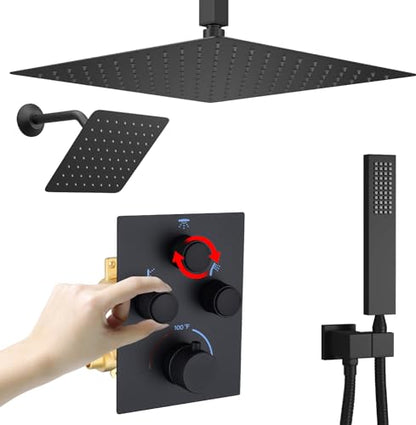 Dual Shower Heads Shower System with 16" Ceiling Mounted Rain Shower Head & 6" Wall Mounted Head Full Body Shower System 3 Way Thermostatic Shower Valve Can All Run Together, Matte Black - color: Matte Black, style: 16inch+6inch