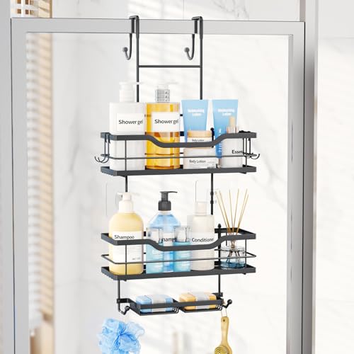 Consumest Over The Door Shower Caddy - 3 Tier Shower Shelves Hanging with Soap Holders, Large Capacity Shower Organizer with 6 Hooks, Bathroom Rack and Storage, Black - color: Black, size: 3 Tier