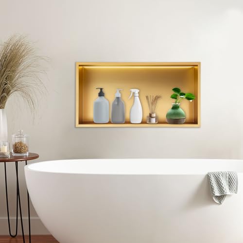 Shower Niche, 25 x 13 inch Recessed Wall Niche with LED Light Strip, Heavy-Duty Stainless Steel Modern Shampoo Storage Organizer, Sealed Waterproof, Durable & Easy to Install, Gold - color: Gold