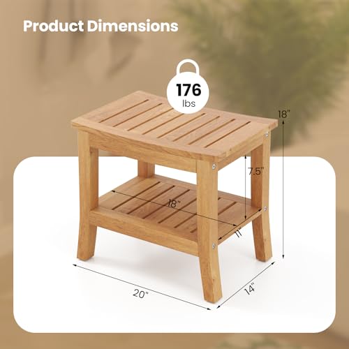 Giantex Teak Shower Bench with Shelf - Shower Stool for Elderly Seniors, Waterproof Teak Wood Non Slip Bathroom Spa Seat, Bathing Stool for Shaving Legs, Indoor & Outdoor Use, 20'' x 14'' x 18''