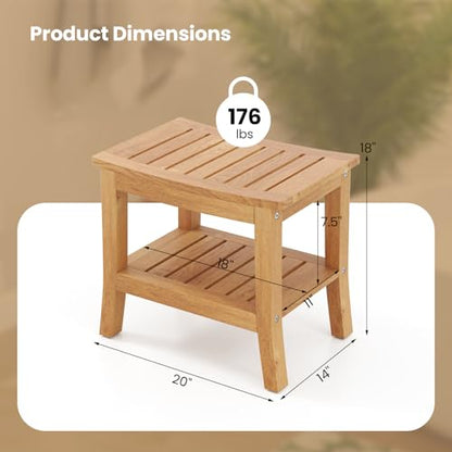 Giantex Teak Shower Bench with Shelf - Shower Stool for Elderly Seniors, Waterproof Teak Wood Non Slip Bathroom Spa Seat, Bathing Stool for Shaving Legs, Indoor & Outdoor Use, 20'' x 14'' x 18''