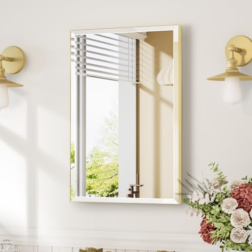 MZON 20x30 Bathroom Vanity Mirror for Wall with Beveled Edge, Ultra-Thin Metal Frame HD Mirror, Rectangular Wall Mounted Mirror for Bathroom Sink, Vertical or Horizontal, Gold - color: Gold, size: 20"L x 30"W