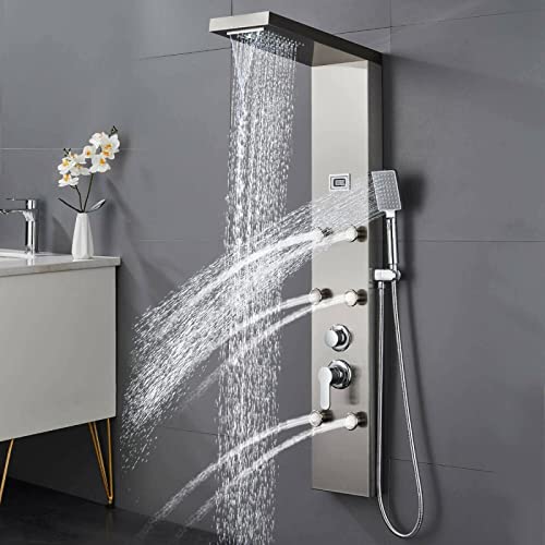 LED Light Shower Panel Tower Rainfall Waterfall Shower Head with Massager Jets Body System Jet Black B (Color : Brushed Nickel E) - color: Brushed Nickel E