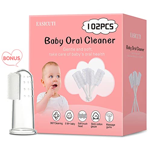 EASICUTI 102PCS Baby Tongue Cleaner, Newborn Baby Oral Cleaner Dental Care | Disposable Gauze Gum Cleaner, Silicone Finger Toothbrush with Case, Newborn Toothbrush, Baby Mouth Cleaner for 0-36 Months - size: 1 Count (Pack of 102)