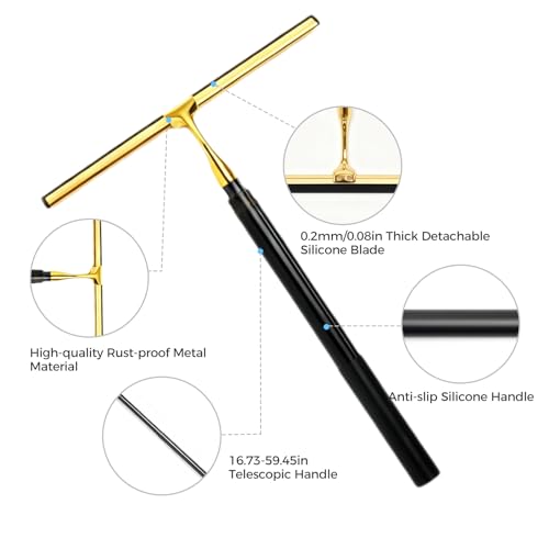 17“- 60" Extendable Long Handle 2-in-1 Window Squeegee Gold | 12.4" Wide Metal Shower Squeegee for Glass Doors, 2-in-1 Squeegee for Home Window Cleaning, Tile Wall, Car - color: Black/Gold