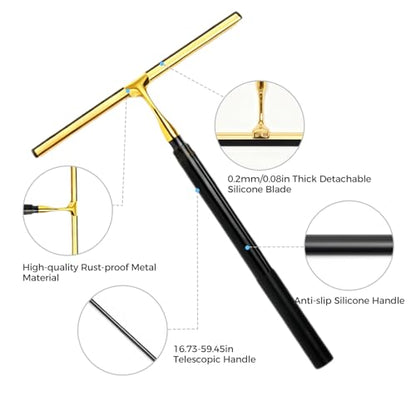 17“- 60" Extendable Long Handle 2-in-1 Window Squeegee Gold | 12.4" Wide Metal Shower Squeegee for Glass Doors, 2-in-1 Squeegee for Home Window Cleaning, Tile Wall, Car - color: Black/Gold