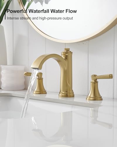Brass Bathroom Waterfall Faucet, 4-16 Inch Brushed Gold Bathroom Faucet Widespread Bathroom Sink Faucet, 2 Handles Bathroom Faucets for Sink 3 Hole with Pop Up Drain, Water Hoses - color: Brushed Gold