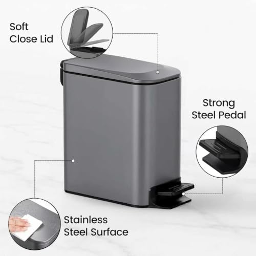 TIPGO Slim Bathroom Trash Can with Lid Soft Close, 6 Liter / 1.6 Gallon Stainless Steel Garbage Can with Removable Inner Bucket, Step Pedal, Small Trash Cans for Bedroom, Office, Kitchen (Grey) - color: Grey
