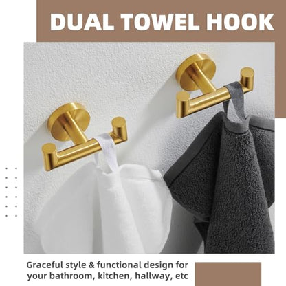Brushed Gold Double Bathroom Robe Hooks, 2 Pack, Wall Mounted | Rustproof 304 Stainless Steel, Heavy-duty 11lbs Towel Hooks for Robes, Coats, Bags, Shower, Kitchen, Entryway Storage Hooks - color: Brushed Gold