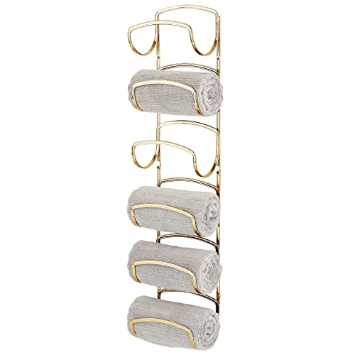 mDesign Metal Towel Storage Unit – Bathroom Towel Storage for Towels – Practical Towel Rack Also for Bathroom Accessories – Brass - color: Soft Brass