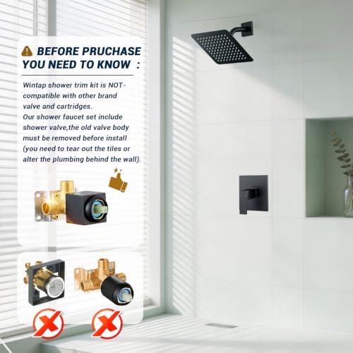 Shower Faucet Set with Valve, 8 Inch Square Rain Shower Head, Matte Black | SUS304 Stainless Steel, Brass Rough-in Valve, Single Handle, Air Pressure Boost, Shower Trim Kit, Male Threads - color: Matte Black