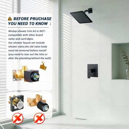 Shower Faucet Set with Valve, 8 Inch Square Rain Shower Head, Matte Black | SUS304 Stainless Steel, Brass Rough-in Valve, Single Handle, Air Pressure Boost, Shower Trim Kit, Male Threads - color: Matte Black