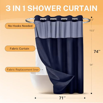 River Dream No Hooks Shower Curtain with 2 Snap in Liner, Navy, 71Wx74H | Waffle Weave, 1 Attached Snap in Liner and 1 Extra Replacement Liner, Bathroom Curtains Shower Set, Hotel Grade, Spa Like - color: Navy Blue