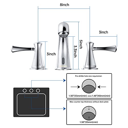 Touchless Bathroom Faucet for 3 Holes with 3 Handles, Controlling Temperature & Adjustable Water Flow, Short & Long Induction Modes, Auto Motion Sensor Chromed Bathroom Faucet Set 29180 - color: 29180Chromed
