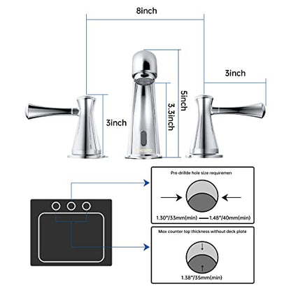 Touchless Bathroom Faucet for 3 Holes with 3 Handles, Controlling Temperature & Adjustable Water Flow, Short & Long Induction Modes, Auto Motion Sensor Chromed Bathroom Faucet Set 29180 - color: 29180Chromed