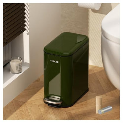 Slim Bathroom Trash Can with Lid, 1.6 Gallon / 6 Liter Stainless Steel Trash Bin, Step Pedal Garbage Cans for Bedroom, Kitchen, Office (Green) | Soft Close Lid, Step Pedal, 1.6 Gallon Capacity, Slim Fit Design, Red Finish - color: Green(Step Pedal), size: