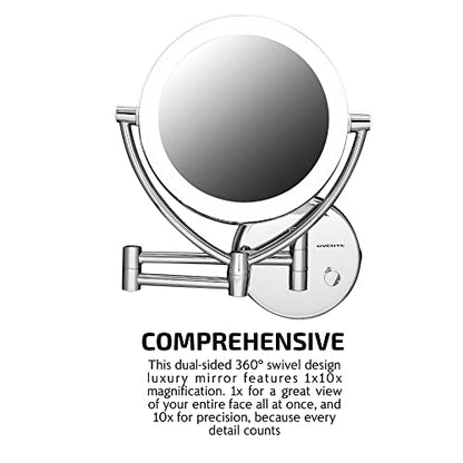 Ovente 7.5" Lighted Wall Mount Makeup Mirror, 1X & 10X Magnifier, Spinning Double Sided Round LED w/ Dimmer Switch, Extend, Retractable & Folding Arm, Battery USB Powered Polished Chrome MLW75CH1X10X - color: Polished Chrome, size: 10.3"L x 12.4"W, style: