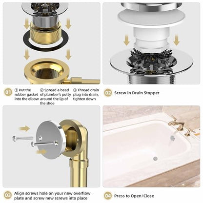 Tip-Toe Bathtub Drain Kit with Hair Catcher, Chrome Plated | 2-Hole Overflow Faceplate, Solid Brass, 5-Layer Plated, Fits 1.5"/1.75" Drains, For Bathroom Remodel, Matches Fixtures - color: Chrome Plated