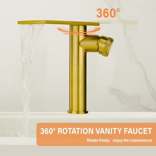 Becola Modern Brushed Gold Tall Waterfall Basin Mixer Tap with Adjustable Knobs and Two Supply Lines - color: Brushed gold, size: Tall