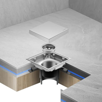 Hidden Brushed Square Shower Floor Drain, Silver 4 inch, 304 Stainless Steel, with Flange, Detachable Cover Embedded with Ceramic Tiles - color: Hidden Silver, size: 4 inch