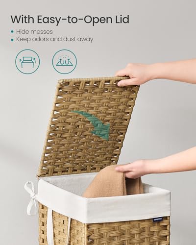 SONGMICS Laundry Hamper with Lid, 9.5 Gallon (36 L) Synthetic Rattan Clothes Laundry Basket with Lid and Handles, Foldable, Removable Liner, Goose Yellow ULCB136Y01 - color: Goose Yellow, size: 36 L