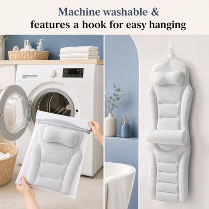 Full Body Bath Pillow for Bathtub, Adjustable Bathtub Pillows, White | Head & Neck Support, Extra Long Thick Bathtub Cushion with 192 Non-Slip Power Suction Cups, Spa Bathing Present (52" x 17")