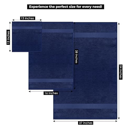 Ocean Towel Set for Bathroom 100% Luxury Cotton Bath Towels Set of 8 (2 Bath Towel and 2 Hand Towel Set & 4 Wash Cloth) - Blue Soft Towels Bathroom Set 600 GSM Double Stitched for Durability - color: Navy