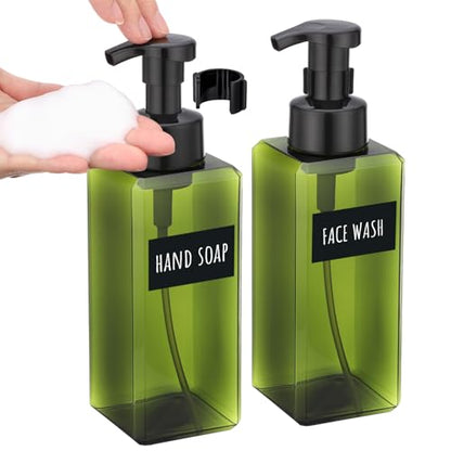 Segbeauty 22oz Empty Plastic Foam Bottle with Foaming Pump, 2pcs Refillable Bathroom Hand Soap Dispenser with Labels, 650ml Green Empty Square Kitchen Liquid Soap Container, Shampoo Pump Bottles - color: Green, style: 2pcs 22oz