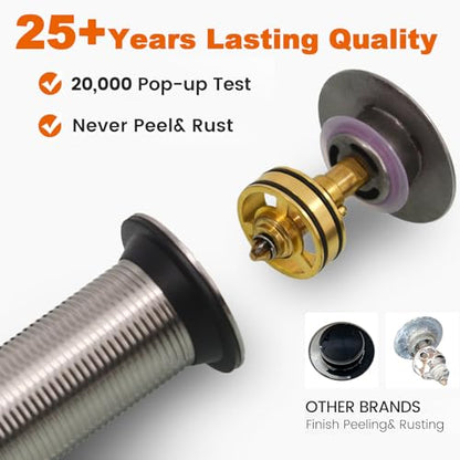 Bathroom Sink Drain Without Overflow, Brushed Nickel Bathroom Sink Stopper for Vanity Vessel Sink, Rapid Draining Stainless Steel Pop Up Drain with Hair Catcher Anti-Clog Strainer - color: Brushed Nickel
