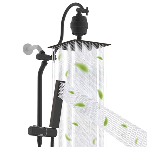 Hibbent 10'' Filtered Shower Head with 4-Spray Handheld, Oil Rubbed Bronze | High Pressure Showerhead Combo, 12'' Adjustable Extension Arm, Extension Bar, Easy Reach Holder, 71'' Hose - color: Oil Rubbed Bronze, style: Square 10'' with Filter