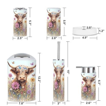 6 Piece Bathroom Accessories Set Highland Cow Rustic Farmhouse Animal Nature Flower Landscape Abstract Trash can Toilet Brush Holder Toothbrush Holder Toothbrush Cup Soap Dispenser Soap Dish Boho