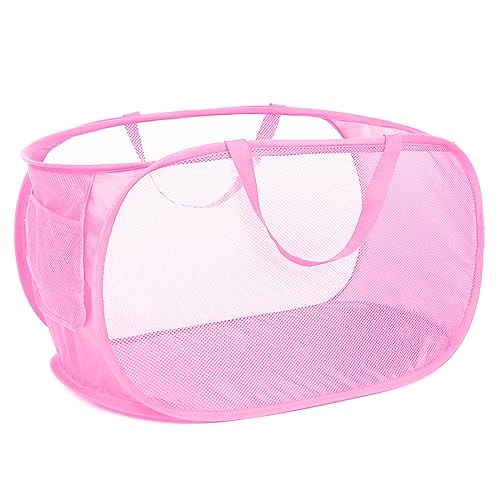 Durable Collapsible Laundry Baskets, Mesh Pop Up Laundry Hamper with Side Pocket, Foldable Clothes Storage Hamper with Reinforced Carry Handles for Laundry, Bathroom, Kids Room, Dorm or Travel Pink - color: Pink
