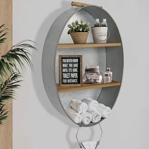 Oakrain Towel Rack with Wood Wall Shelves, Farmhouse Galvanized Wash Tub | Rustic Towel Holder, Decorative Hanging Shelf for Bathroom, Lavatory, Entryway - size: O-Oval