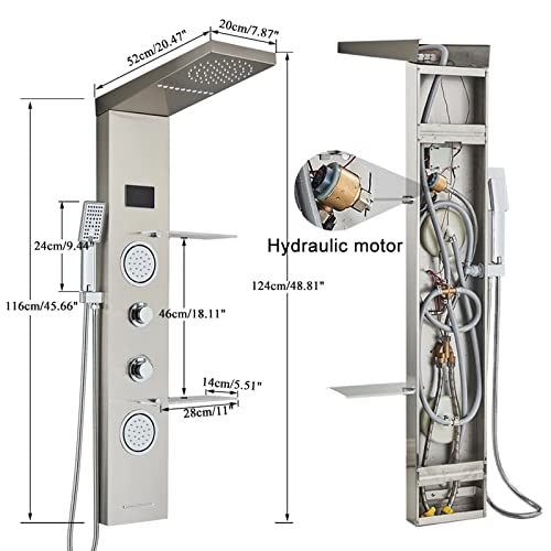 Brushed Multi Rain Shower Panel Tower - Wall-Mount Complete Shower Column with Body Jets & Shower Shelf for Luxurious Spa Experience