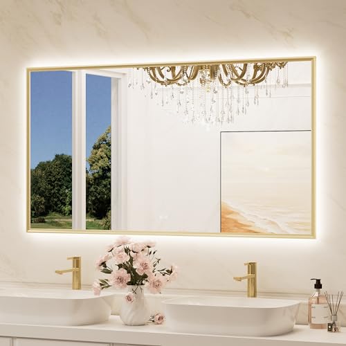 TokeShimi 55"x 30" Bathroom Mirror Backlit with Gold Frame, Dimmable Backlight LED Lighted Vanity Mirror with Shatter-Proof, Memory, 3 Colors, Anti-Fog Mirror with HD Tempered Glass - color: Gold, size: 55"L x 30"W, style: Backlit