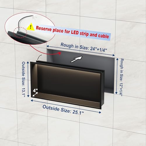24"x12"Black LED Shower Niche,3 CCT Dimmable Light, No Tile Needed | 304 Stainless Steel Bathroom Niche w/ Light(3000K/4000K/6000K), IP66 Waterproof, Space Saving & Durable ,LED Driver Included - color: Matte Black, size: 24X12In