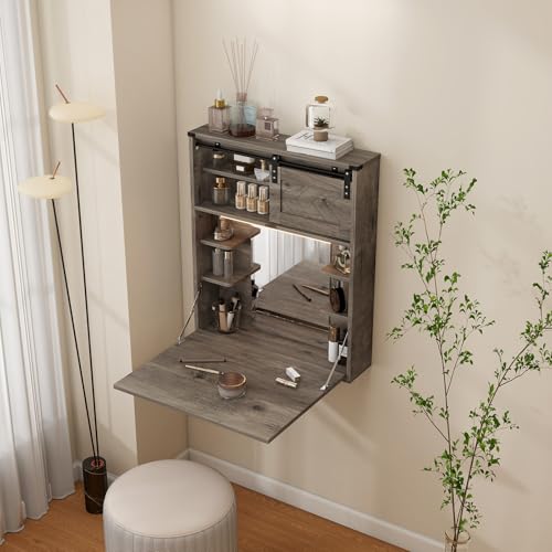 ARTETHYS Floating Vanity Desk with Mirror and Lights Small Wall Mounted Makeup Set with Storage Gray Farmhouse Dressing Table for Tiny Space - color: Grey